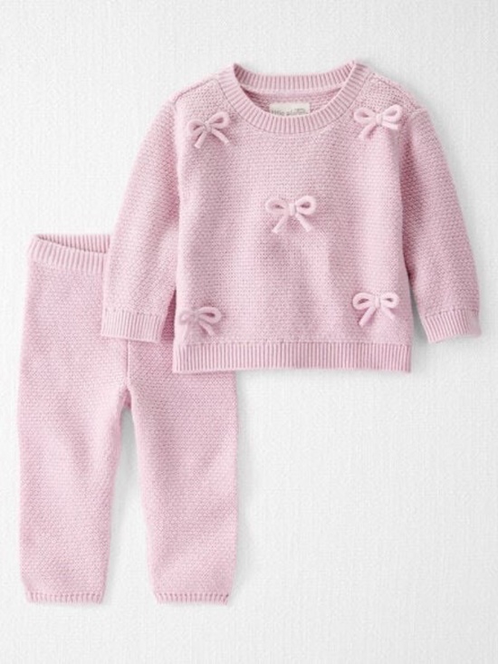 Little Planet Other - Little Planet Organic Cotton Bow Sweater Knit Set Daylily Pink 6M Baby Girl